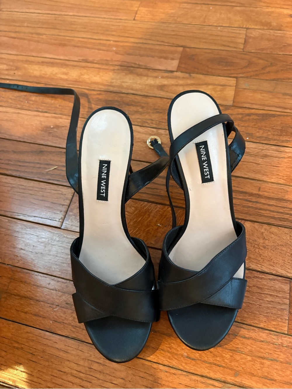 Nine West Black Leather Crisscross Ankle-Tie Heels